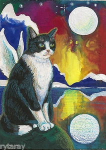 ACEO PRINT OF PAINTING RYTA TUXEDO CAT ANGEL RAINBOW NORTH LIGHT FOLK ART Xmas - Picture 1 of 1