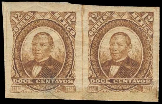 (T0699) MEXICO - 1882 12c BROWN IMPERF PAIR ERROR. MINOR CREASING. SCARCE - Image 1 of 1