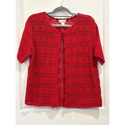 Cardigã feminino Preswick & Moore de malha de crochê vermelho manga curta botão pequeno - Imagem 1 de 4