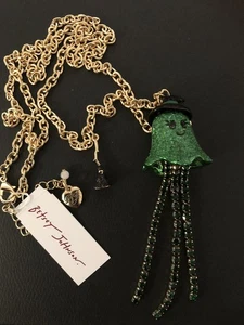 Authentic Betsey Johnson Necklace - Green Glitter Ghost Rhinestone Witch, NWT - Picture 1 of 13