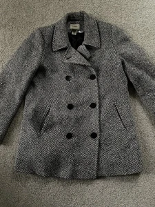 L.L. Bean Pea Coat Womens 14 Black & White Herringbone Double Breasted Wool - Picture 1 of 9
