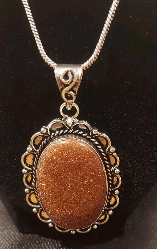 Red Sun Stone Oval Pendant 18" Necklace German Silver - Image 1 of 4