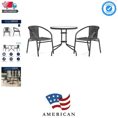 Juego de comedor compacto de 3 piezas para patio: elegante mesa de vidrio y sillas apilables de ratán Foto 1 de 4