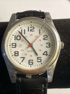 Accutime Men's 24Hr Dial/Red Second Field Watch BLK Leather 37mm New Battery - Picture 1 of 9