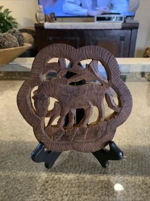 Zebra Horse Wooden Vintage Trivet Hand Carved  Made In India Round 5.5” Safari - Image 1 of 4