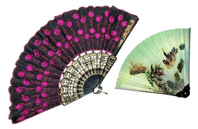 Ventilador de mano plegable de tela bordada y lentejuelas rosa negro de colección y papel China Foto 1 de 4