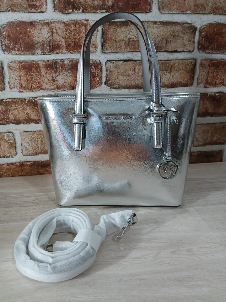 Michael Kors Jet Set Tote Leather Metallic Silver Carryall Bag New With Tags - Image 1 of 4