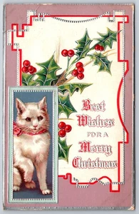 Weihnachten~Silberner Kalligr~weiße Katze mit rosa Schleifeneinsatz~Stechpalme~Art Deco~Lavendel~1909 - Bild 1 von 2