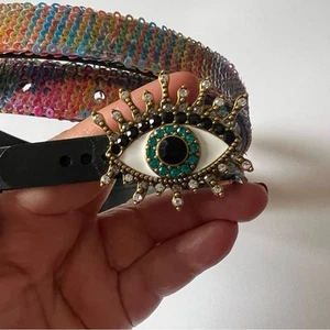 KURT GEIGER LONDON RAINBOW SEQUIN CRYSTAL EVIL EYE BELT SIZE M/L NWT - Picture 1 of 14