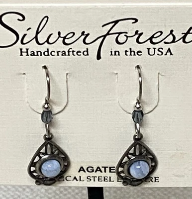 New Silver Forest Agate Blue & Silver Earrings Teardrop Dangle Surgical Steel - Image 1 of 4