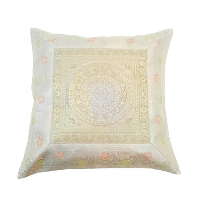 17x17 Inch Gray Indian Cushion Covers Woven Zari Brocade Banarasi Silk Mandala - Image 1 of 4