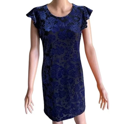 Платье цельнокроеное Adrienne Vittadini синее черное бархатное с цветочным рисунком черное прозрачное с рукавами-крылышками S - Изображение 1 из 4