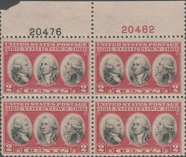 Plate Block of 4 stamps - Scott 703 - 2 cent - Yorktown - 1931 - MNH - Image 1 of 1