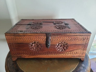 Vintage Indian Rajasthani Carved Wood Chest Box Boho Decor - Image 1 of 4