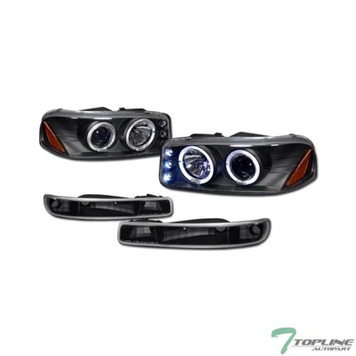 Topline For 99-06 Yukon/Sierra Blk Halo LED Projector Headlight+Signal Bumper JY - Image 1 of 4
