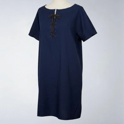 Sundance Dress Women Large Navy Blue Leather Lace-Up Boat Neck Shift Lightweight - Image 1 of 4