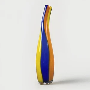 VTH Hand Blown Glass Vase Blue Yellow Orange 13” Tall Murano Style ART DECO - Picture 1 of 9
