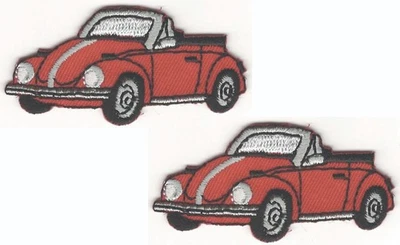 Convertible Car Iron On Patches 2x Embroidered Retro Red Classic Bug (2 1/2" in) - Image 1 of 2