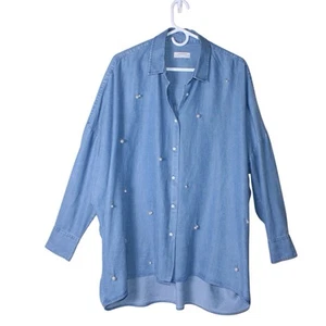 Blusa Mujer ZARA Azul Cambray con Perlas Manga Larga Talla Mediana Grande - Imagen 1 de 10