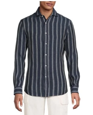 New Brunello Cucinelli Easy Fit Linen Button Down Men Striped Shirt Navy XS S M - Image 1 of 3