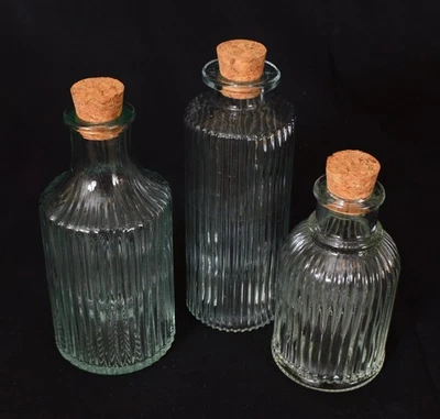 New Set of 3 Ribbed Glass Bottles with New Corks for Sauces, Vinegars, Elixers - Image 1 of 4