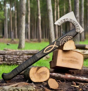 Hacha vikinga hecha a mano con runas - Hoja de acero al carbono con funda de cuero - Imagen 1 de 5