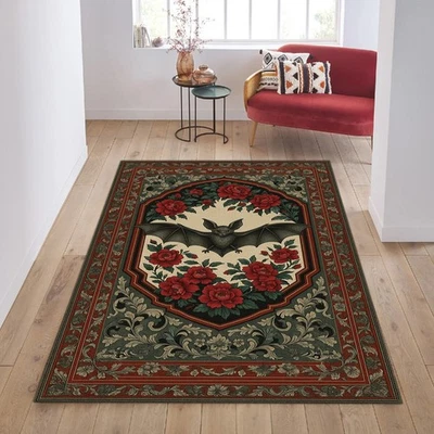 Alfombra de murciélago, alfombra gótica de murciélago, alfombra con flores rojas, alfombra tradicional de murciélago, murciélago Foto 1 de 4