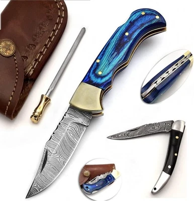 BCK 4 Pcs Set 6.5" Handmade Damascus Steel Pocket Knife With Sheath - Image 1 of 4