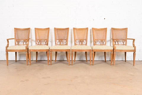 Thomasville French Regency Louis XVI Fruitwood Cane Back Dining Chairs, Six Cover