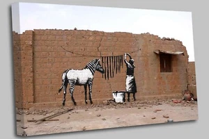 Banksy Zebra stripes washing line canvas Wall Art Picture Print Ready To Hang - Picture 1 of 6