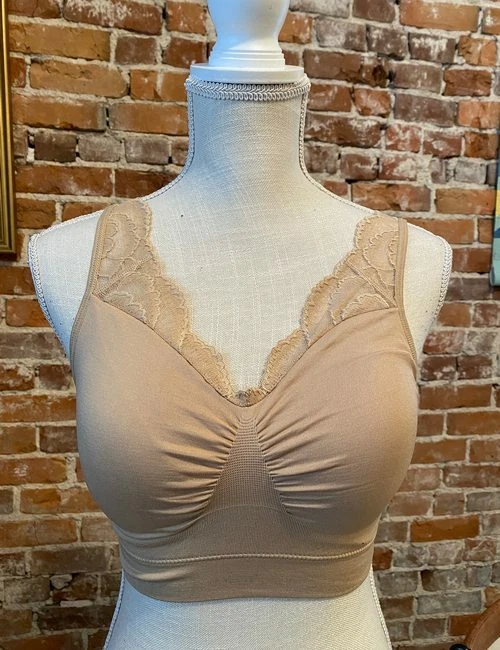 Rhonda Shear Nude Beige Ahh Bra Lace Neckline New Removable Pads - Image 1 of 4