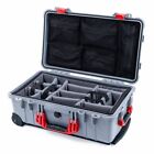 Silver & Red Pelican 1510 case with grey dividers & mesh lid organizer.
