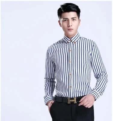 Mens Dress Shirts Clothes Luxury Casual Slim Striped Long Sleeves Cotton Shirts - Image 1 of 4
