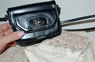 全新带标签 150 美元 RAFE Monique 迷你微型斜挎包光滑黑色皮革银色 — 第 1/4 张图片