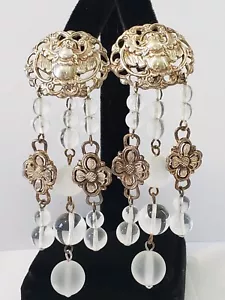 Vintage Stephen Dweck Repousse Sterling And Rock Quartz Dangle Clip On Earrings - Picture 1 of 15