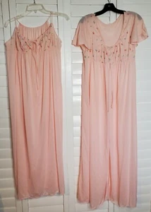 Vintage 2 Piece Lorraine Nightgown (MED) Robe (LRG) Pink Floral Made in USA - Picture 1 of 9