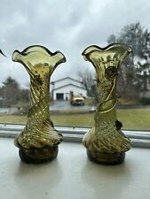 Pair of 10" Tall Hand Blown Venetian Green Vases with Applied Glass Design MINT