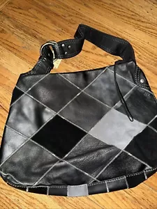 Vintage Lucky Brand Checkered Patchwork Leather Tote Bag Black Grey Boho NWT - Picture 1 of 5