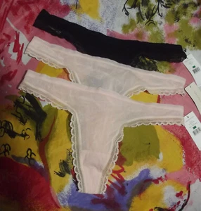 3 NEW ON GOSSAMER G2110 NEXT TO NOTHING BL/BK MF LACE TRIM HIP-G THONG PANTIES L - Picture 1 of 2