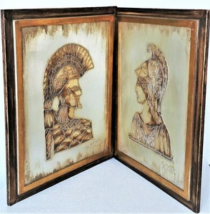 Vintage Mixed Media/Gemälde 2-teiliges Set Wandbehang Clifford Art Studio Krieger - Bild 1 von 12
