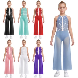 Kids Girls Dancewear Pants Jumpsuit Back Bodysuit Party Rhinestones Sparkly - Picture 1 of 82