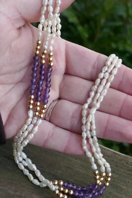 Vintage 14kt Yellow Gold Freshwater Pearl & Amethyst Beaded Necklace - 16.5" - Image 1 of 4