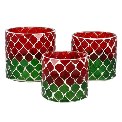 Home Decor Set of 3 Mosaic Leaf Pattern Tea Light Glass Votive Candle - Image 1 of 3