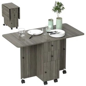 HOMCOM Folding Dining Table, Drop Leaf Table With Storage Drawers Grey - Picture 1 of 12