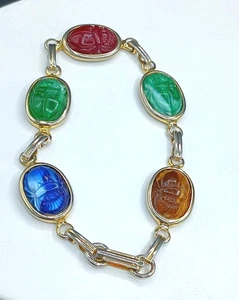 Vintage Ägyptisches Revival Armband Skarabäus Käfer Plexiglas Schmuck & goldfarben 7,5" - Bild 1 von 13