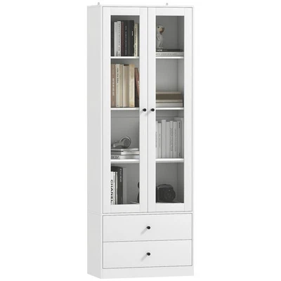 HOMCOM Credenza Cucina con Ante in Vetro, 2 Cassetti e Ripiani Regolabili Bianco - Immagine 1 di 4