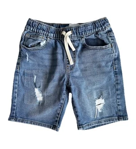 Old Navy M (8) 360 Stretch Slim Blue Denim Distressed Shorts Elastic Waist Boy's - Picture 1 of 8