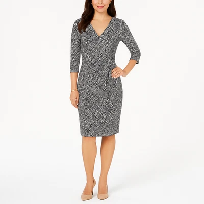 Lauren Ralph Lauren Faux Wrap Dress Jersey Stretch Black White Print Size 8 - Image 1 of 4