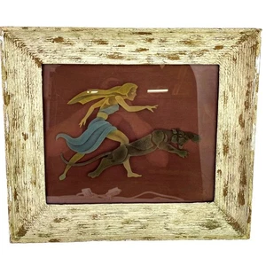 Vintage 1950s Art Deco Woman Walking Panther Etched Glass Framed Art Light RARE - Picture 1 of 6