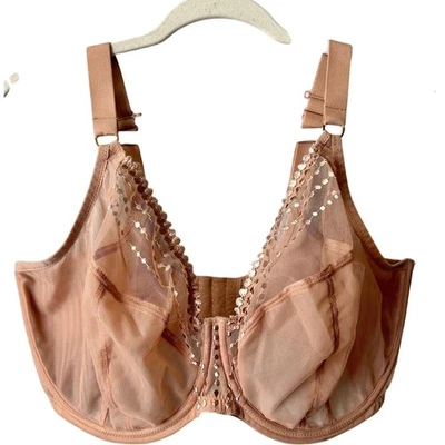 Elomi Matilda Sheer Plunge Bra Polka Dot Trim Underwire Supportive Beige 36L - Image 1 of 4